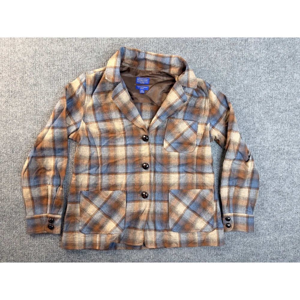 Pendleton Archives Wool Plaid Jacket Womens MP Blue Brown Button Up Shacket Coat